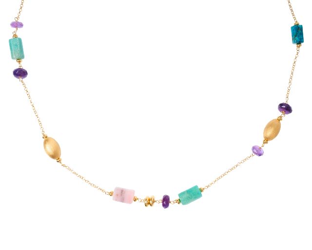 Collana argento dorato con amazzonite, apatite, moonstone e cristallo viola