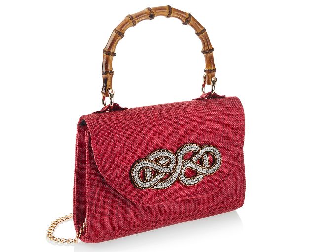 Clutch in tessuto bordeaux con cristalli e perline