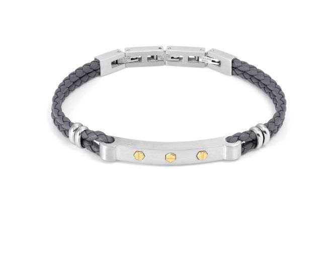 Bracciale manvision acciaio e pelle grigia con viti esagonali oro