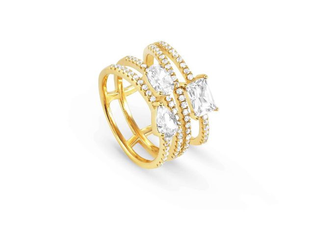 Anello colour wave argento dorato con quattro file di zirconi bianchi
