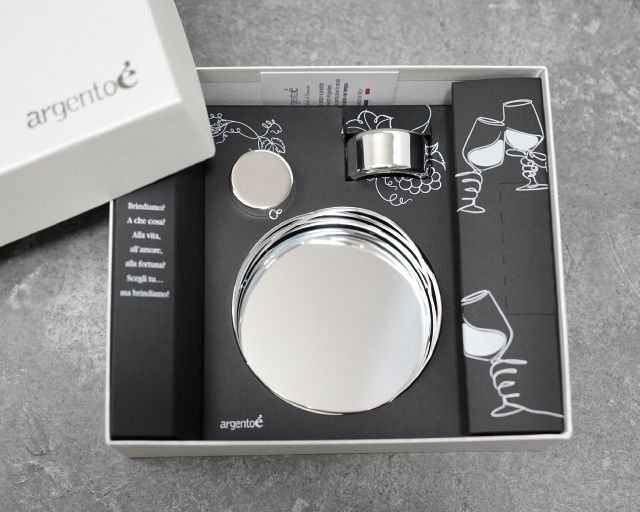 Onde bottle coaster trilaminated silver with stopper and drip-catcher